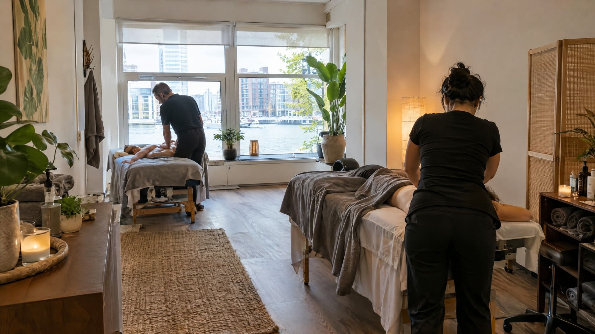 Twee massages in een rustige, lichte behandelruimte met warme handdoeken en planten